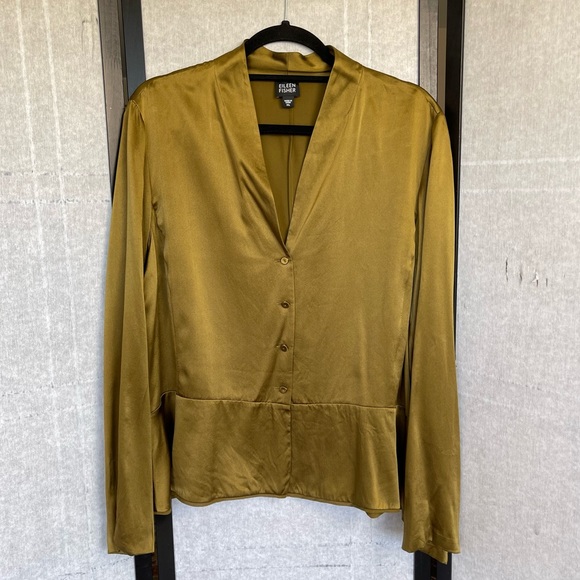 Eileen Fisher Tops - Eileen Fisher Silk Satin Top Blouse Peplum Long Sleeve Button Front V Neck Sz XL